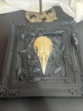 Spooky night gothic curiosity wall art features a central bird skull with bugs
